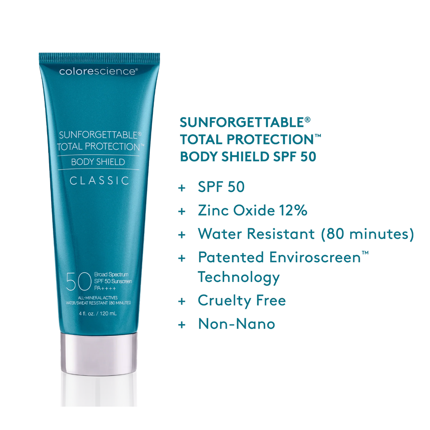 Colorescience blue squeeze bottle Sunforgettable® Total Protection® Body Shield Classic SPF 50 - Beauty Mark Company
