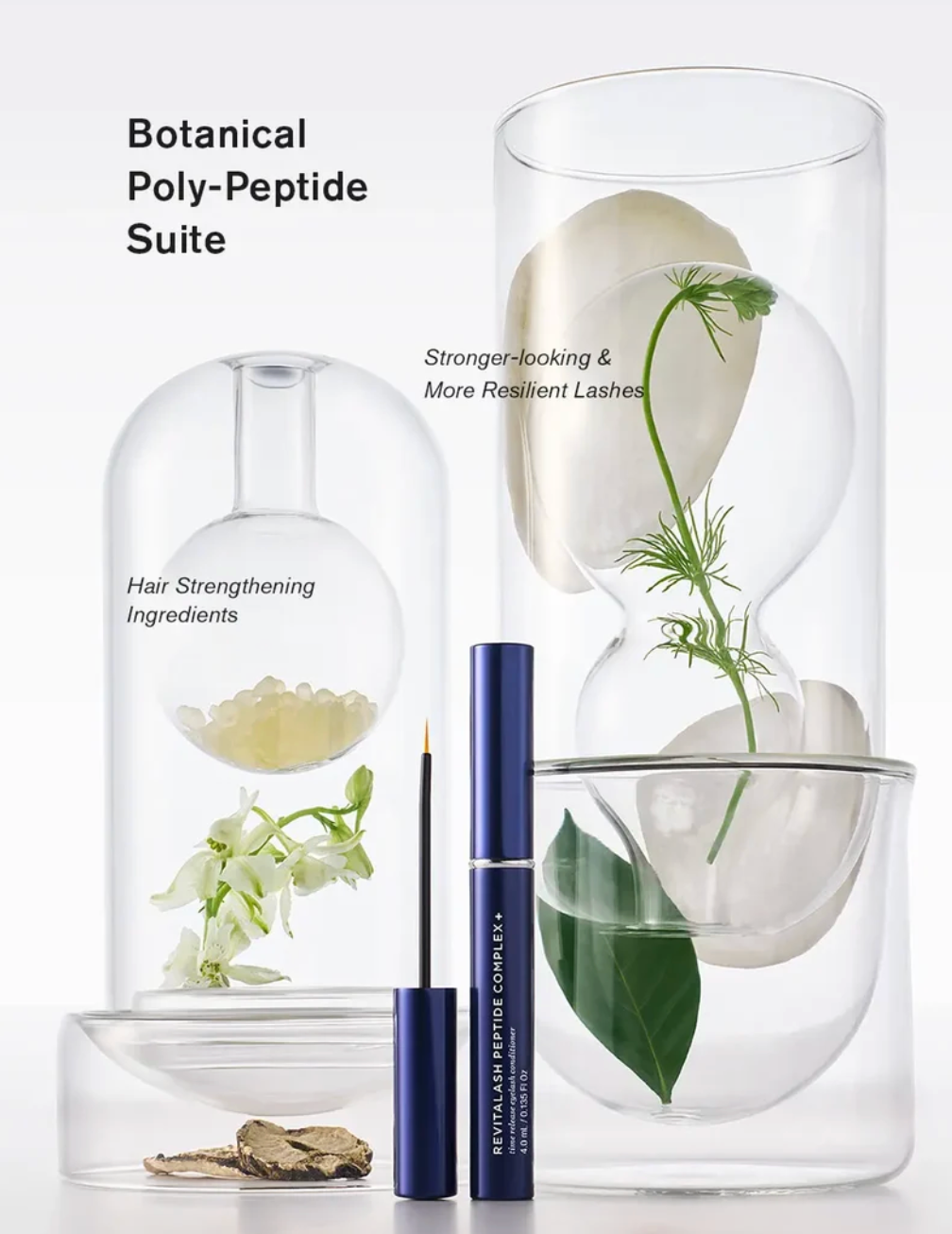 A beauty product set displayed on a clean white background with decorative glass domes and flowers. Visible items include a dark blue tube labeled 'REVITAL KIN PEPTIDE COUSLET+' and a slim applicator, alongside text reading 'Botanical Poly-Peptide Suite' and 'Hair Strengthening Ingredients' on the glass vessels.