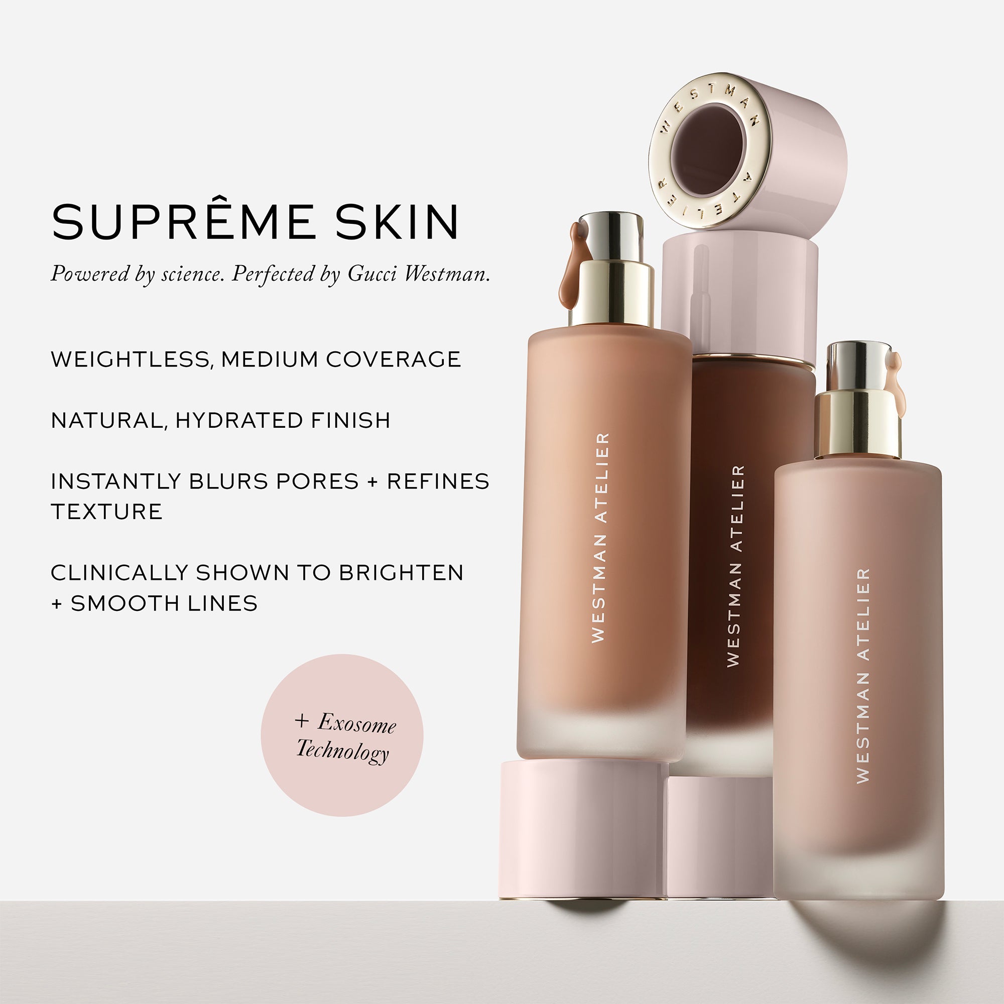 Three Westman Atelier Supreme Skin liquid foundation bottles in shades of beige and medium brown, arranged on a light gray background with promotional text on the left.