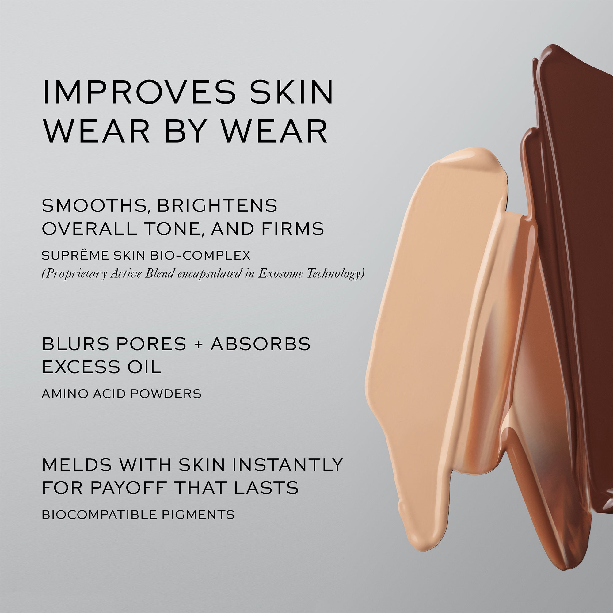 Text-heavy beauty marketing graphic on a light gray background with product swatches in warm nude, beige, and brown tones. The left side reads: 'IMPROVES SKIN WEAR BY WEAR' and includes additional claims about smoothing, brightening, pore blurring, oil absorption, and skin melding.