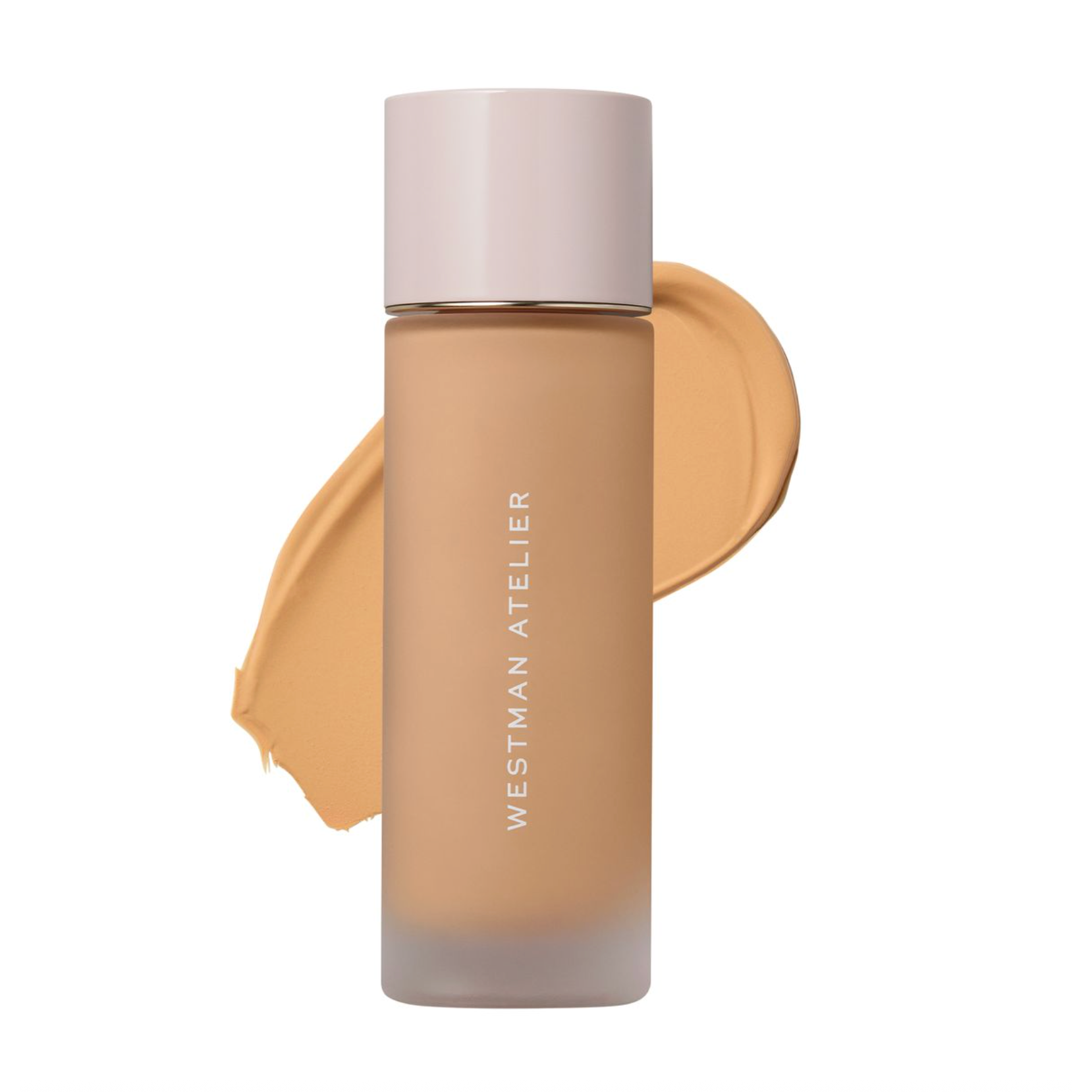 A bottle of Westman Atelier liquid foundation with a frosted glass body, showing the beige foundation inside, a pale pink cap, and a matching beige cream swatch behind it on a white background.