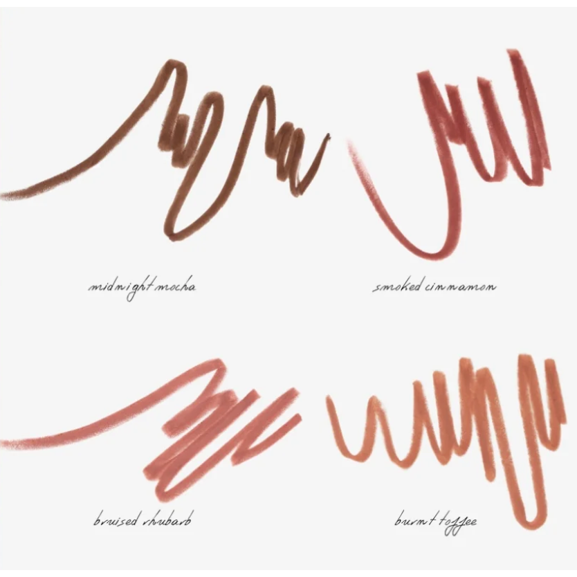 White back ground showing the 4 shade colors of the Anfisa Lip Liners- Midnight Mocha , Smoked Cimmamom, Bruised Rhubard, Burnt toffee