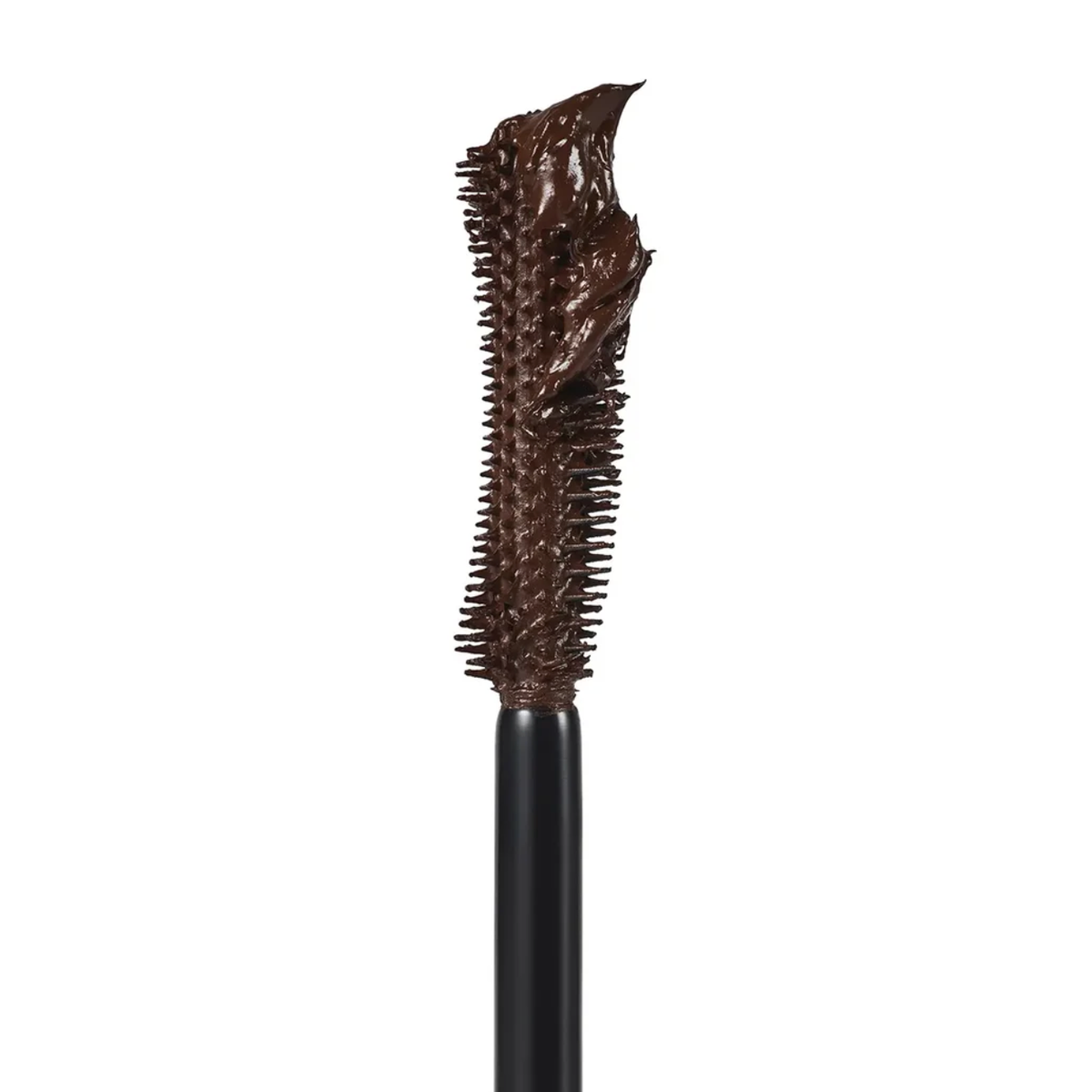 A close-up of a mascara wand showing a thick, glossy dark brown formula loaded with bristles, set against a solid white background.