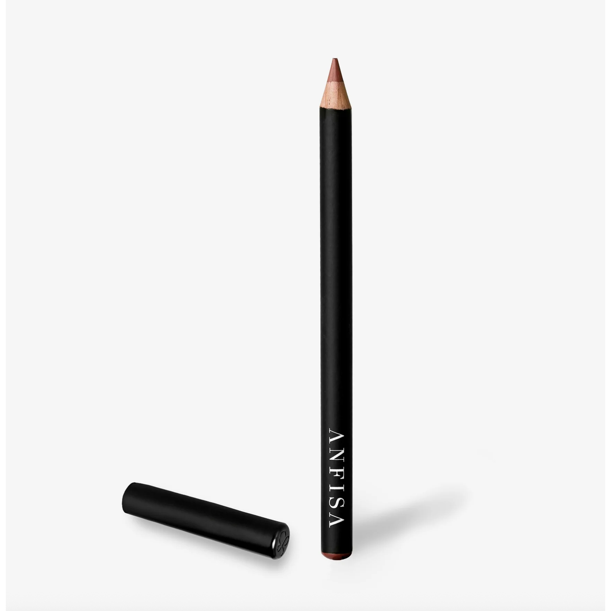 A black cosmetic pencil with the brand name 'ANFISA' printed vertically in white, shown standing upright with its cap placed horizontally beside it on a light gray background.