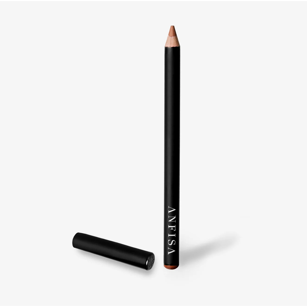 A black cosmetic pencil with the brand name 'ANFISA' printed vertically in white, shown standing upright with its cap placed horizontally beside it on a light gray background.