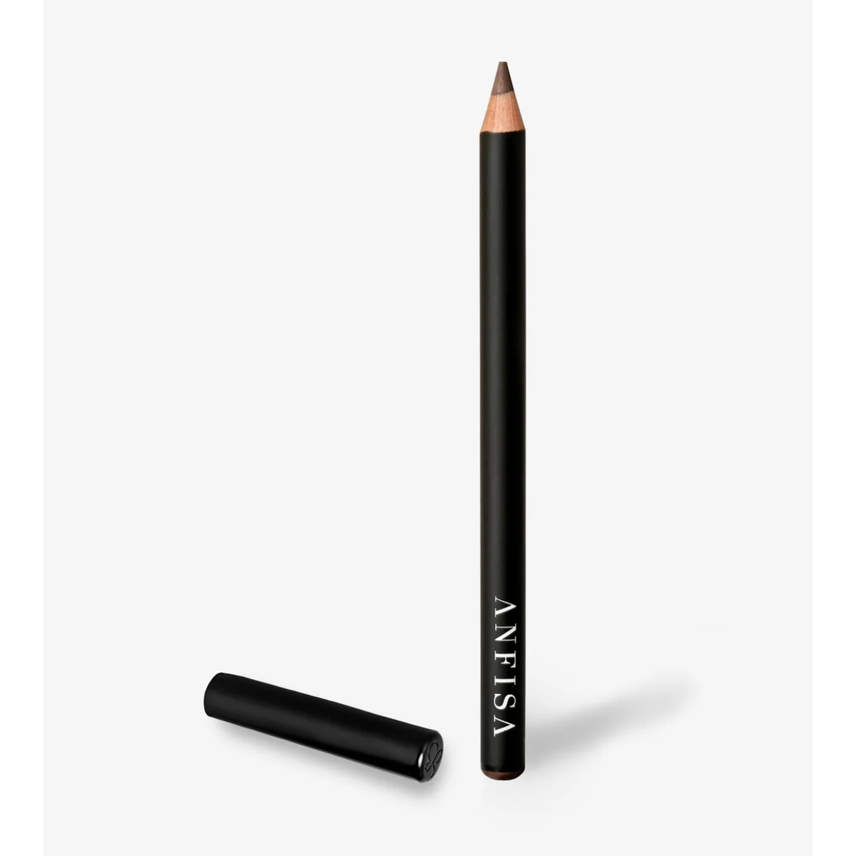 A black cosmetic pencil with the brand name 'ANFISA' printed vertically in white, shown standing upright with its cap placed horizontally beside it on a light gray background.