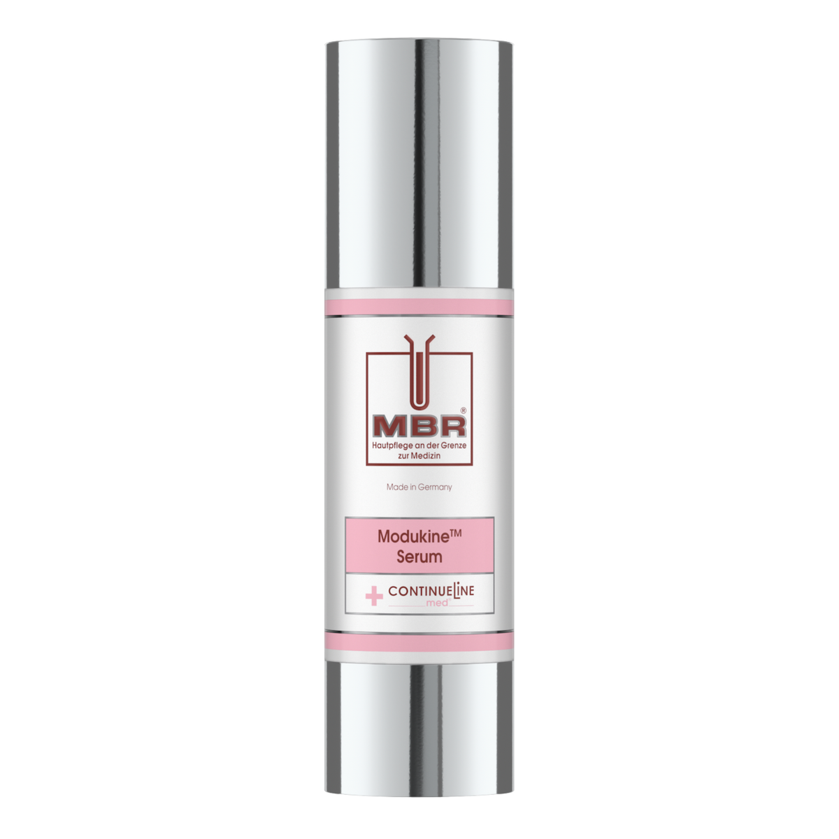 A silver cylindrical cosmetic bottle with pink bands and a white label reading MBR Moduline Serum, shown on a plain white background.