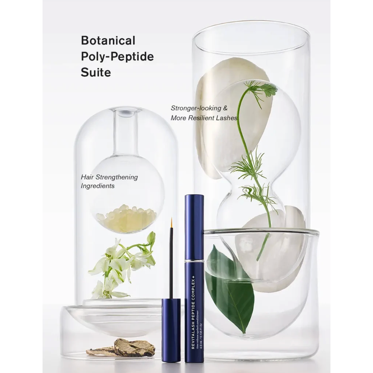 A beauty product set displayed on a clean white background with decorative glass domes and flowers. Visible items include a dark blue tube labeled 'REVITAL KIN PEPTIDE COUSLET+' and a slim applicator, alongside text reading 'Botanical Poly-Peptide Suite' and 'Hair Strengthening Ingredients' on the glass vessels.