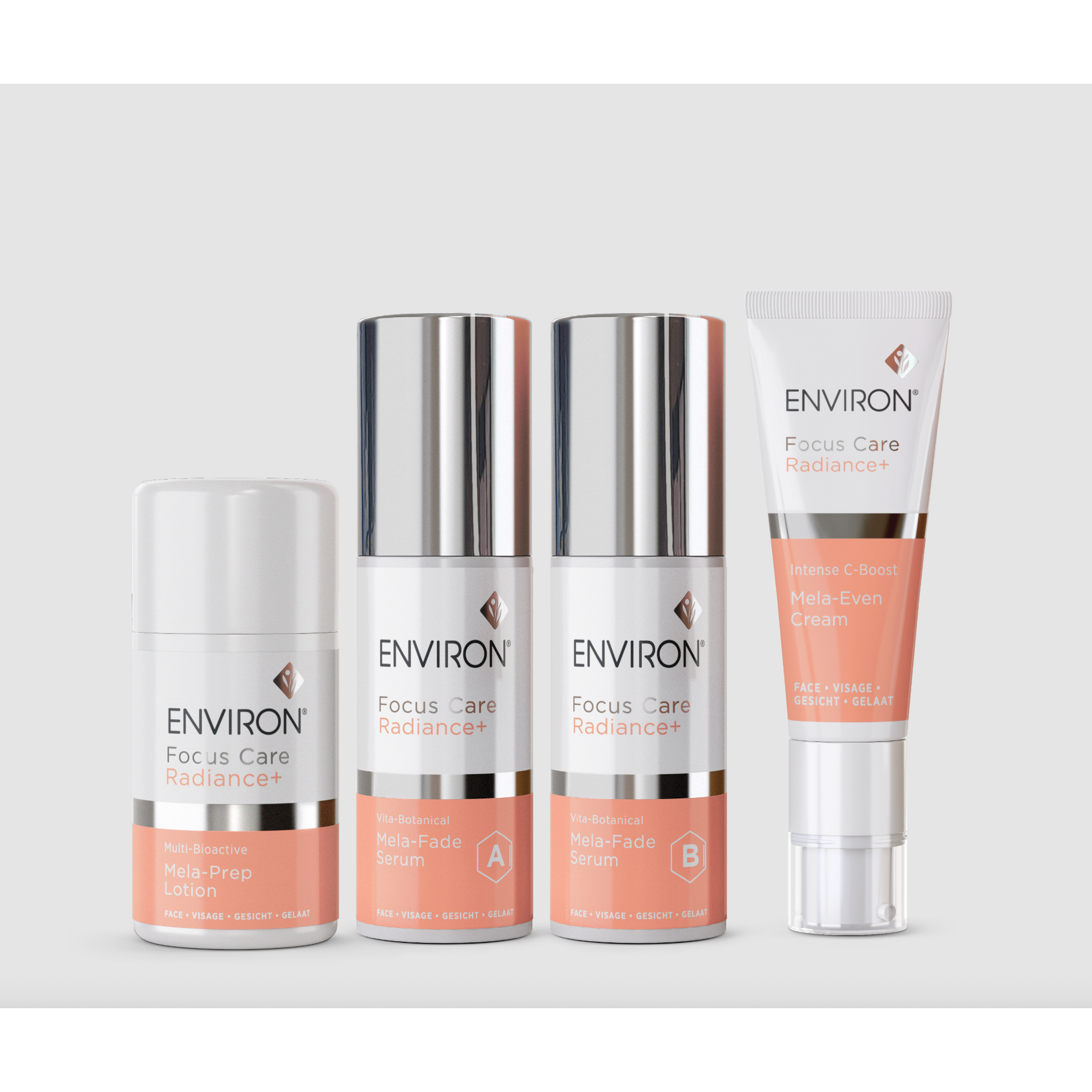 Environ Focus Care Radiance+ Skincare pack containing 4 products , Mela-prep Lotion with twist cap, Mela-Fade Serum A, Mela-Fade Serum B, with pop caps, and Mela-even Cream with pump cap