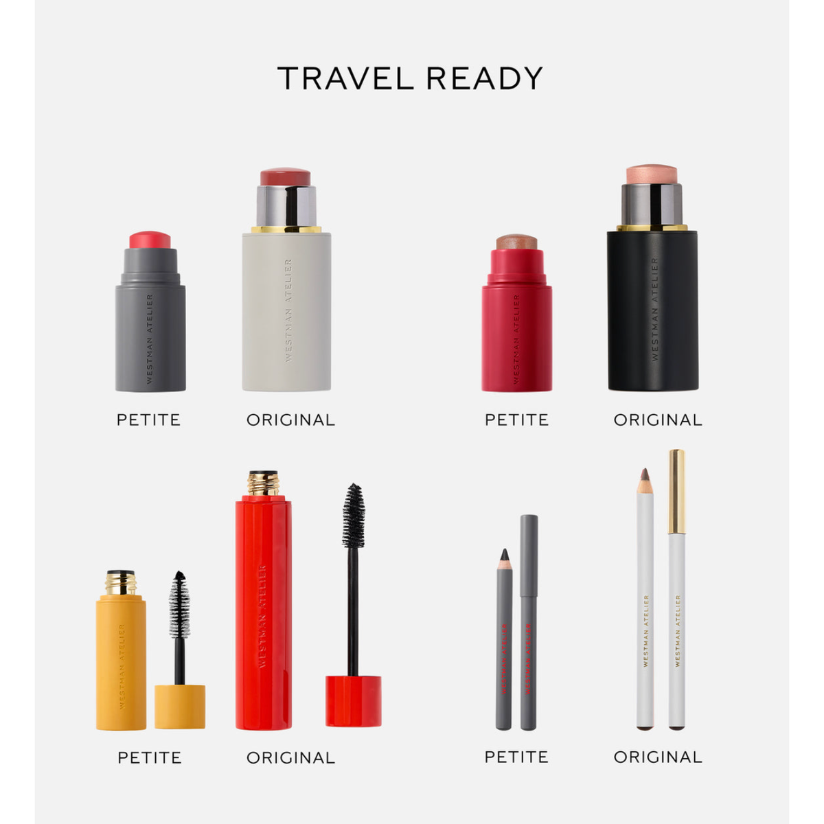 A clean product lineup on a light gray background with the heading 'TRAVEL READY'. The image shows several cosmetic items in both small and original sizes, including tubes, sticks, pencils, and compact-style containers, each labeled 'PETITE' and 'ORIGINAL'.