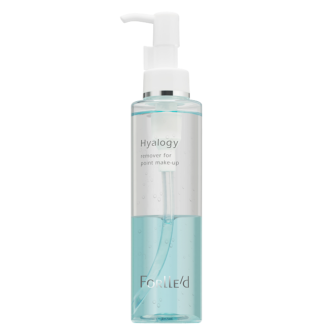 Bottle of Hyalogy remover for point makeup with a pump on a white background