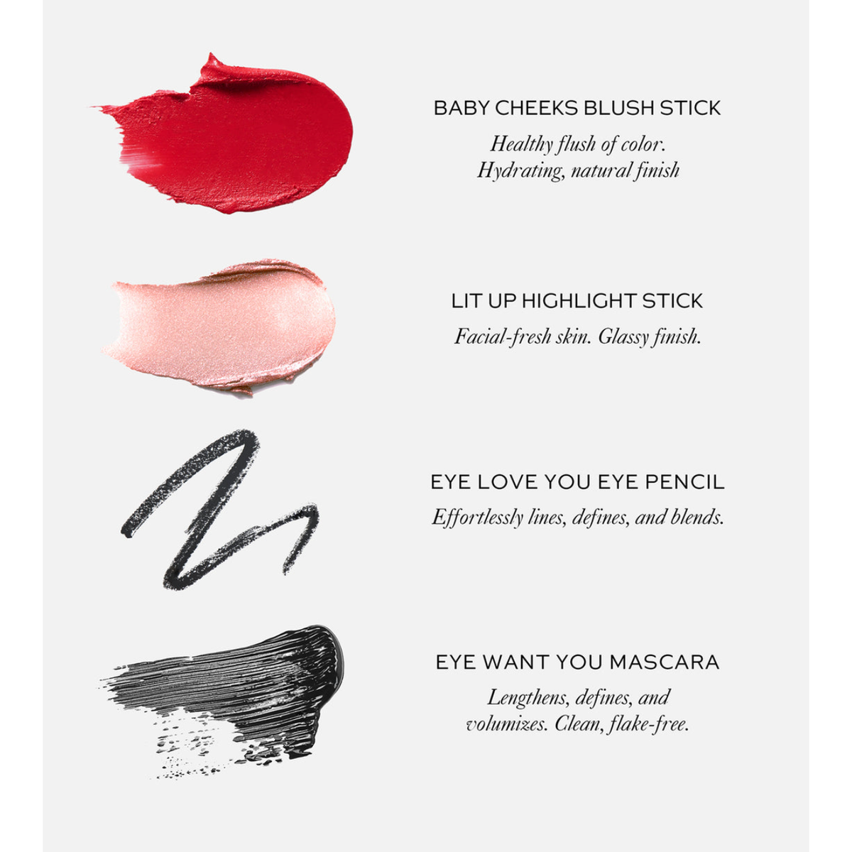 Four cosmetic product swatches with text labels on a light gray background: a red baby cheeks blush stick, a pale pink highlight stick, a black eye pencil stroke, and a black mascara stroke.